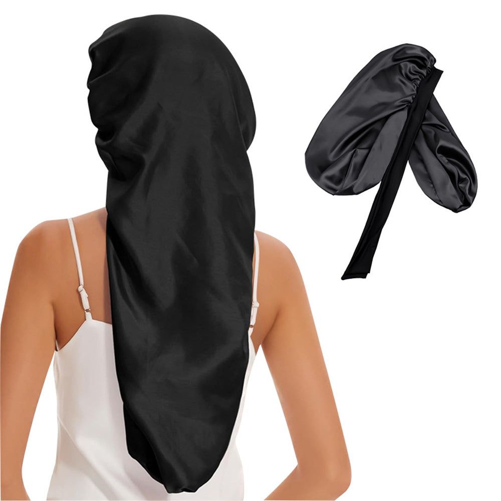 Double-Side Long Hair Bonnet for Sleeping Women Sleeping Cap with Tie Band Black