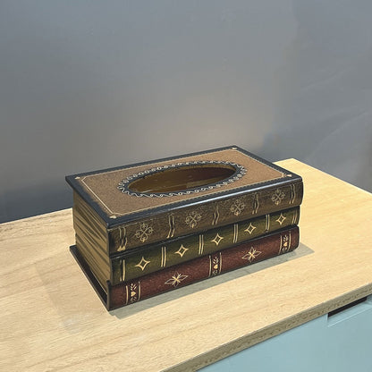 Retro Tissue Box Cover Wooden Antique Book Tissue Holder Dispenser Home Decor-Brown