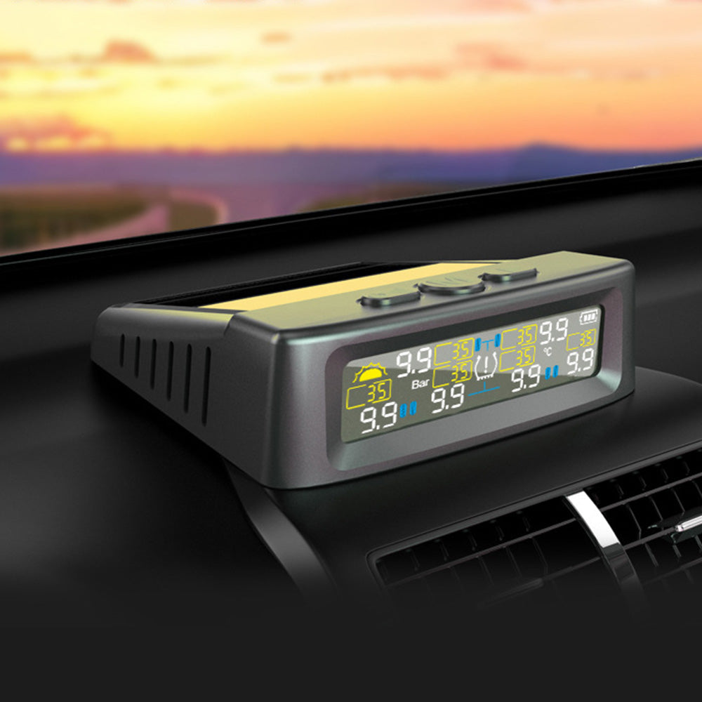 USB/Solar Powered TPMS Tire Pressure Monitor with LCD Display for for 6-Wheel Vehicles 0-9.9BAR/144PSI Range