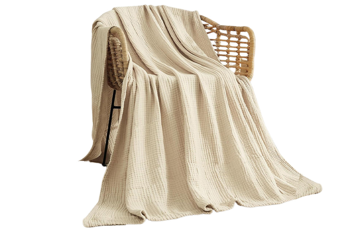 Cotton Muslin Blanket Breathable Soft Muslin Throw Blanket for Adults -Beige
