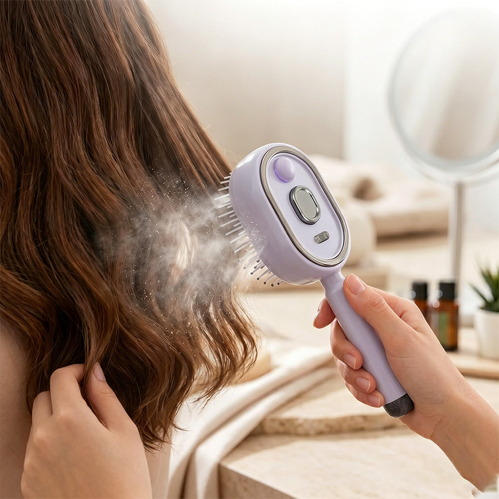 Electric Steam Hair Brush Mist Spray Cushion Comb for Smoothing Frizz-Purple