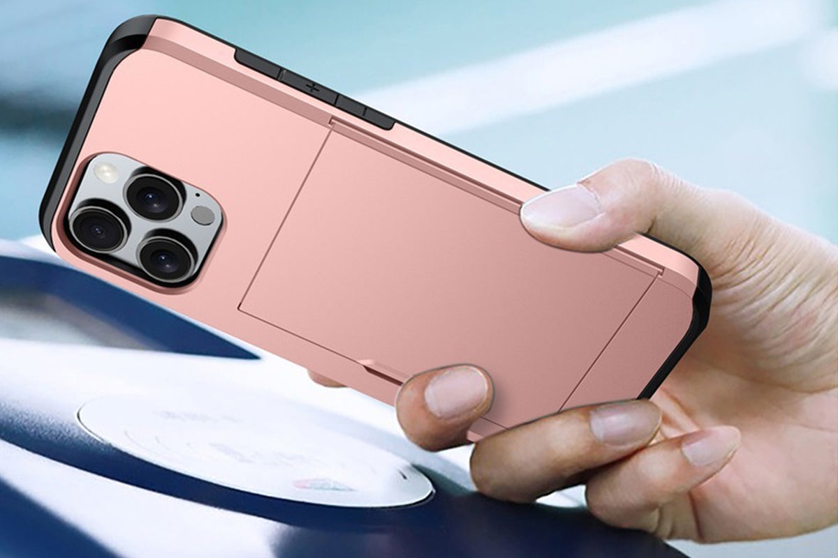 Shockproof Phone Cover Case With Card Holder For Apple iPhone 16 Or 15 Series-Rose Gold