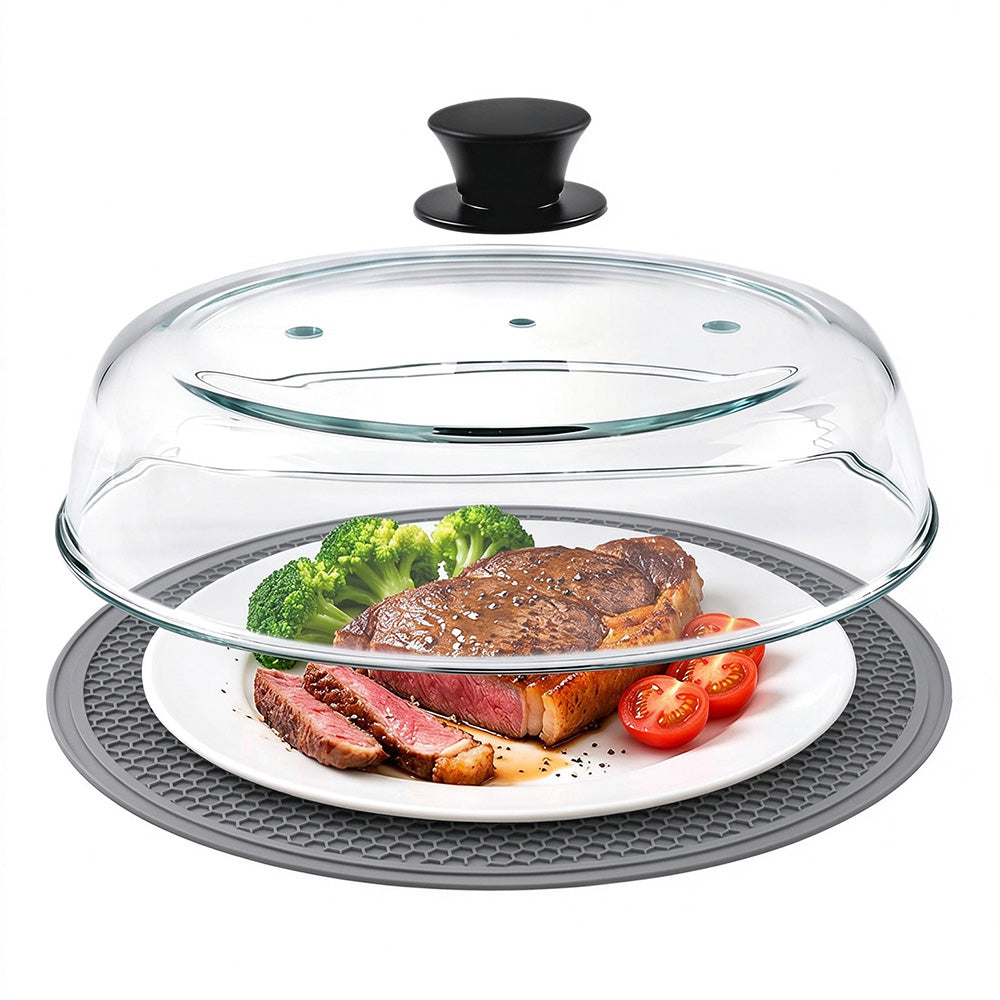 Microwave Glass Splatter Cover with Silicone Trivet Dual Vents - Grey