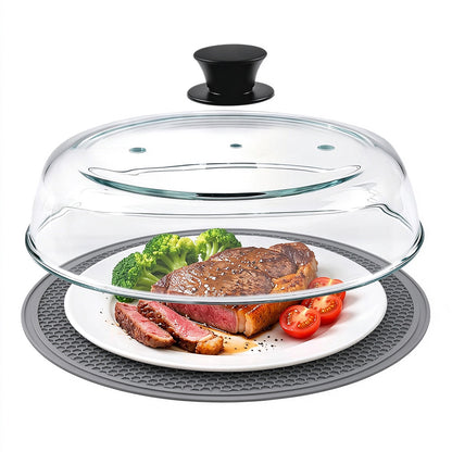 Microwave Glass Splatter Cover with Silicone Trivet Dual Vents - Grey