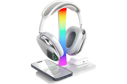 Headphone Stand with Wireless Charger Gaming Headset Stand with RGB Light for Airpod Pro iPhone Samsung -White