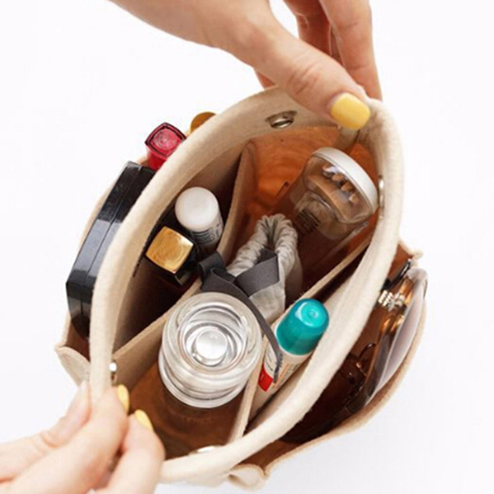 Women Organizer Bag Purse Insert Bag Felt Multi Pocket Travel Insert Organizer Handbag -Beige