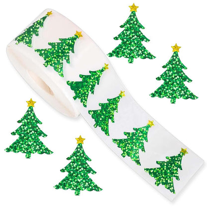 2 Rolls of 500 Christmas Holographic Stickers 3cm Diameter - Christmas Tree
