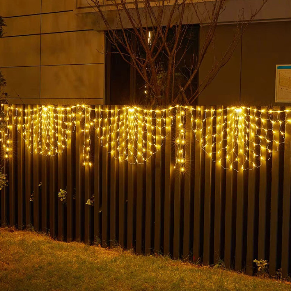 3 Panel Waterfall Curtain Lights Solar Peacock Net String Lights - Warm White