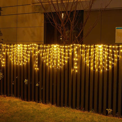 3 Panel Waterfall Curtain Lights Solar Peacock Net String Lights - Warm White