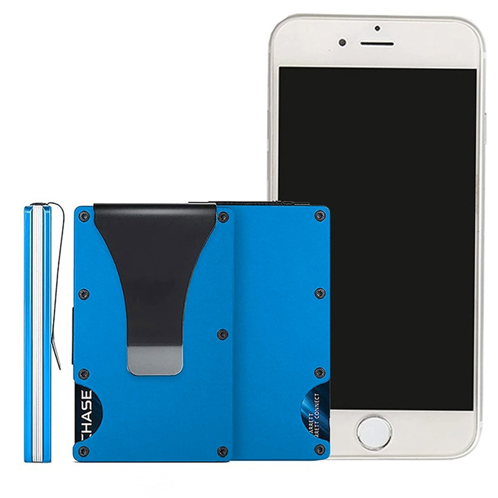RFID Blocking Wallet Travel ID Card Holder with Metal Clip Blue