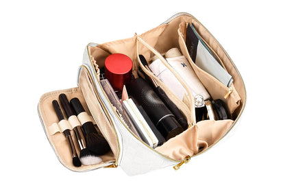 Large Capacity PU Leather Water-Resistant Checkered Cosmetic Bag Travel Makeup Bag-White