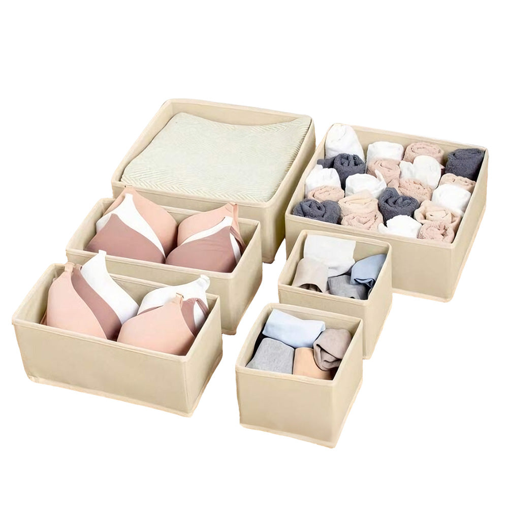 6Pcs Foldable Drawer Organiser Set Underwear Bra Sock Storage Boxes Khaki