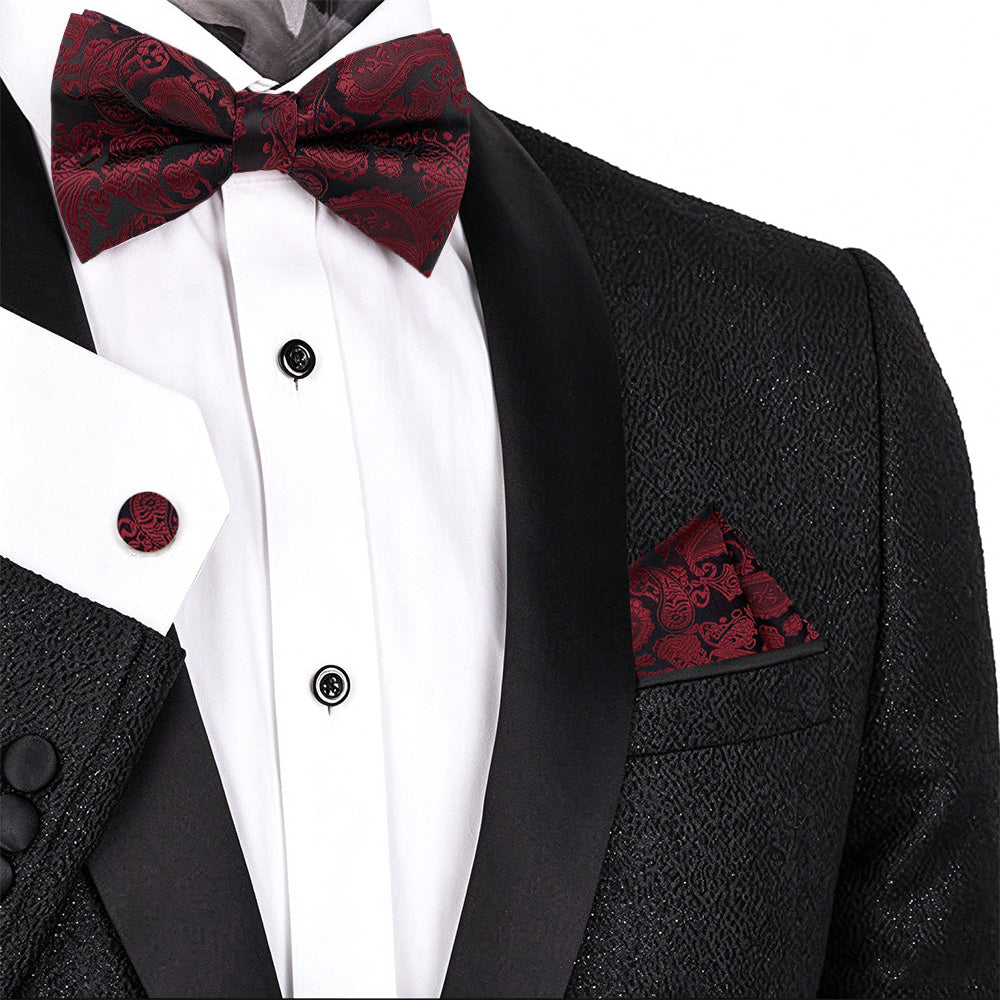 Men's Paisley Pre Tied Bow Tie Set 4-Piece with Pocket Square Cufflinks Red