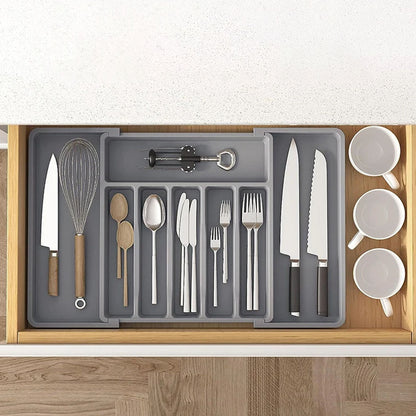 Expandable Utensil Tray Kitchen Cutlery Drawer Organizer Multipurpose Drawer Storage Tray Gray