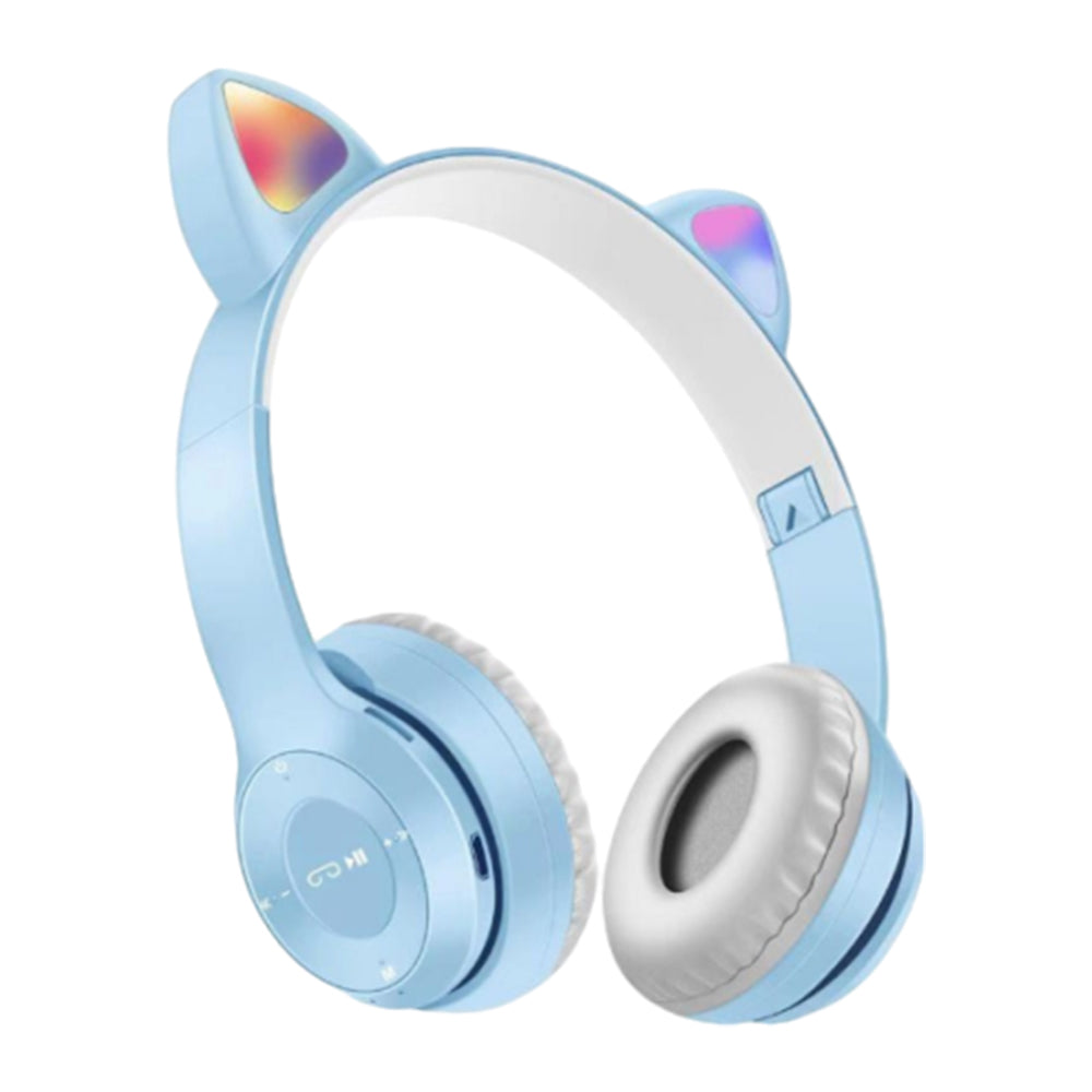 Bluetooth 5.0 Wireless Cat Shape Headphones with RGB Light Foldable Headset Light Blue