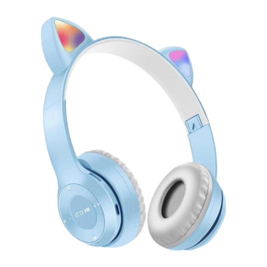 Bluetooth 5.0 Wireless Cat Shape Headphones with RGB Light Foldable Headset Light Blue