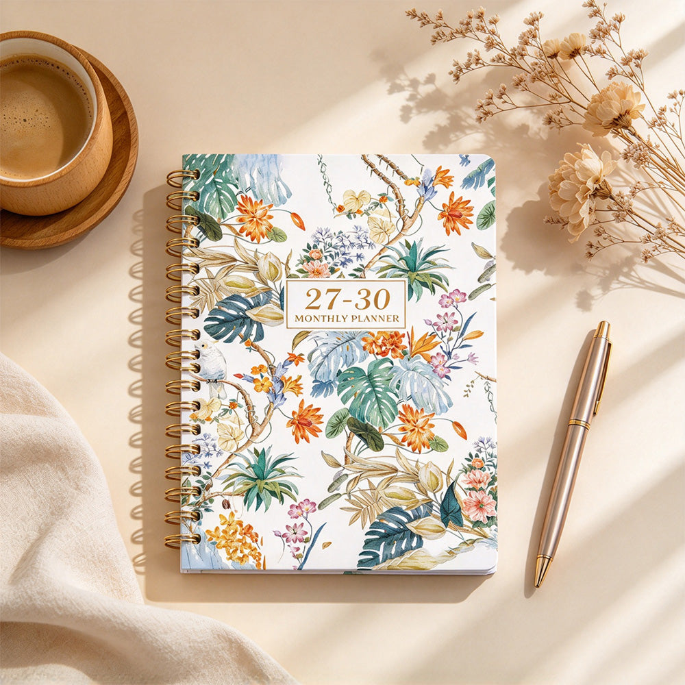2027 to 2030 Four Year A5 Spiral Monthly Goal Planner Notebook - White Floral