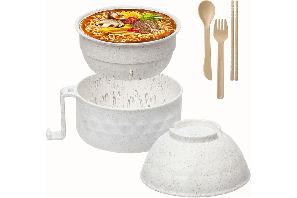 6Pcs Quick Microwave Ramen Bowl Cooker Set with Phone Holder Handle Ramen Noodle Cooker with Spoon Chopsticks Fork-Grey