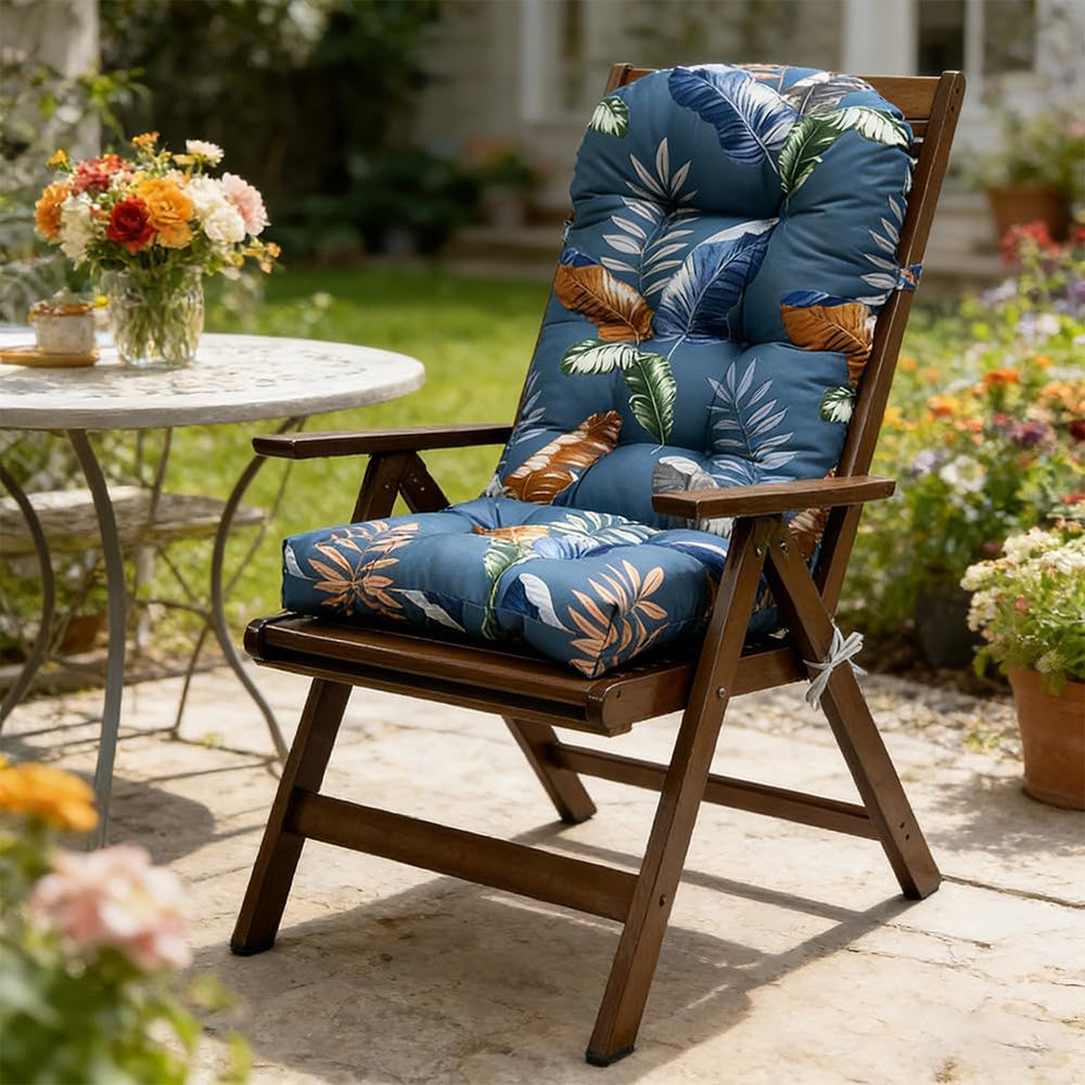 High Back Rocking Chair Cushion Water Resistant Outdoor Seat Pad-Blue