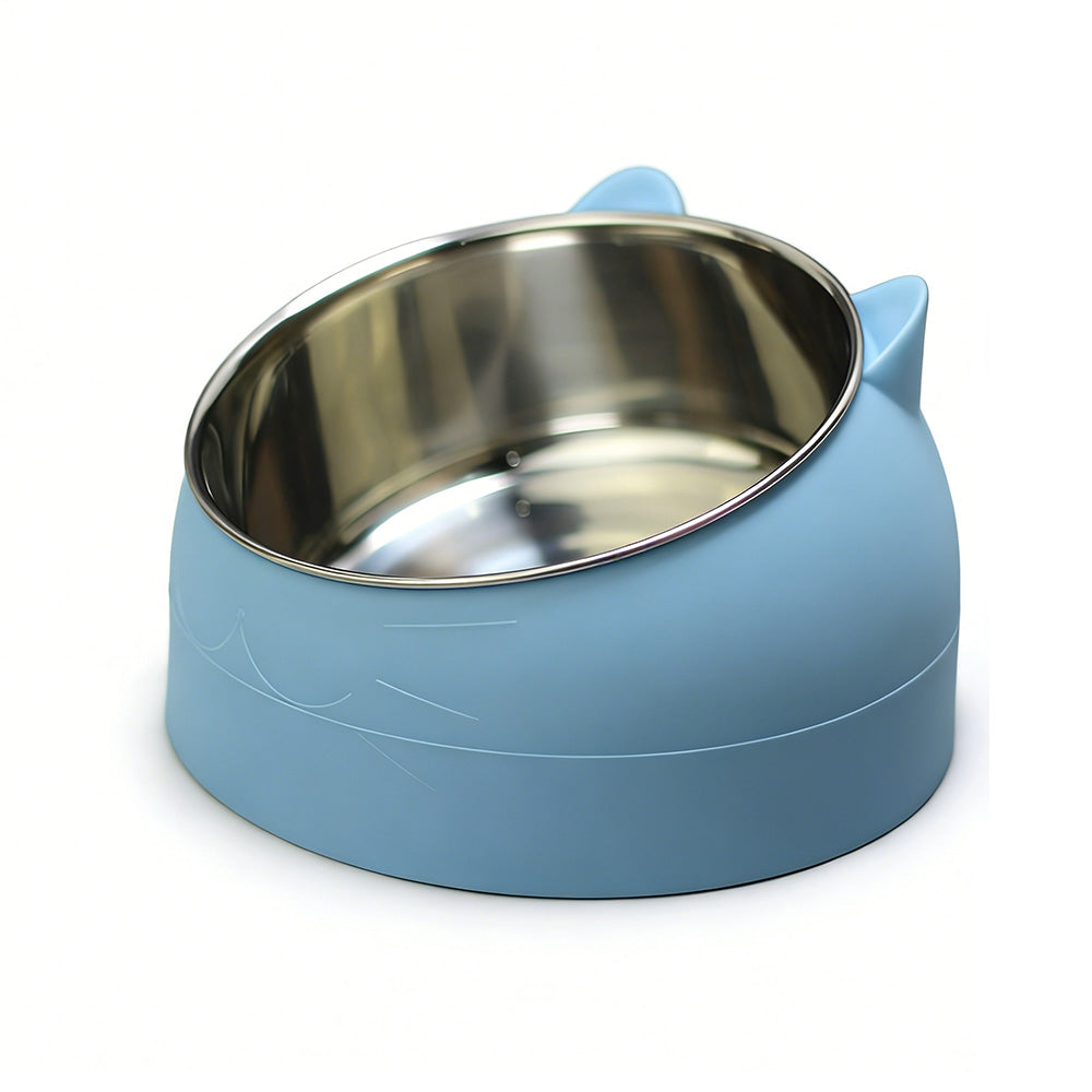 400ml Stainless Steel Tilted Pet Bowl Non-Slip Raised Feeder for Cats and Dogs-Blue