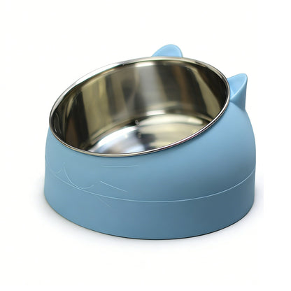400ml Stainless Steel Tilted Pet Bowl Non-Slip Raised Feeder for Cats and Dogs-Blue