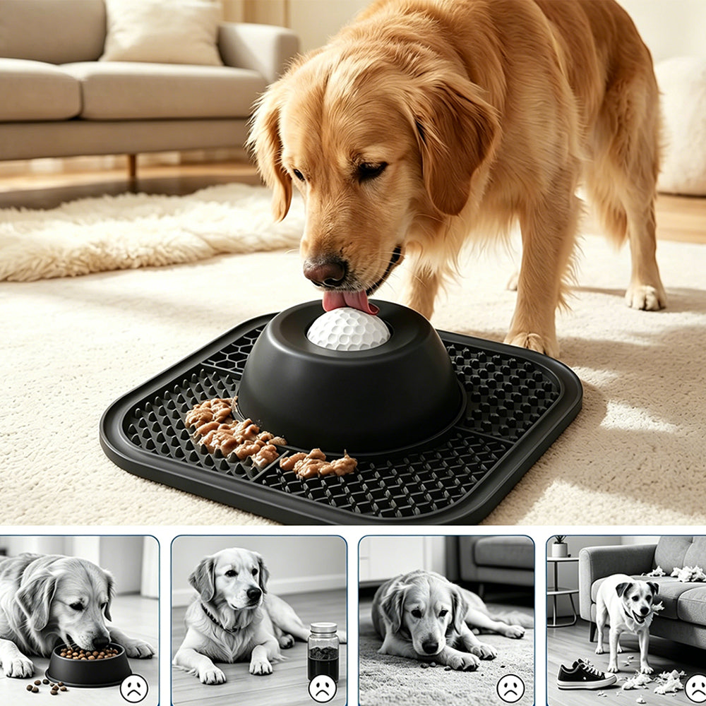 2 in 1 Dog Slow Feeder Bowl with Rolling Ball Lick Mat Non Slip Suction Cup-Black