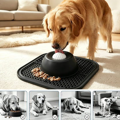 2 in 1 Dog Slow Feeder Bowl with Rolling Ball Lick Mat Non Slip Suction Cup-Black