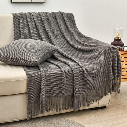Vintage Knitted Throw Blanket with Tassels-Dark Grey