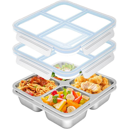 2Pcs Stainless Steel Snack Box With 4 Compartments Divided Meal Prep Container-Blue
