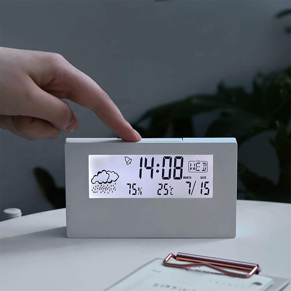 Digital Alarm Clock Multifunctional Desk Clock Temperature Humidity Date Weather Display Office Home Decor Glow in the Dark Style