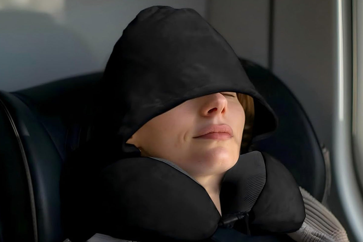 Hooded Travel Pillow with 3D Eye Masks Memory Foam Neck Pillow for Airplane Sleeping-Black