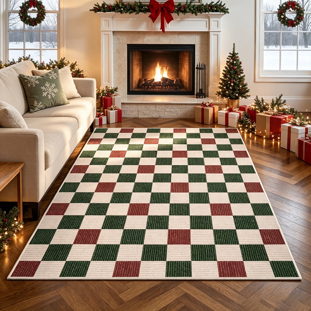 Christmas Plaid Short Pile Rug with Non Slip Rubber Backing - Red and Green