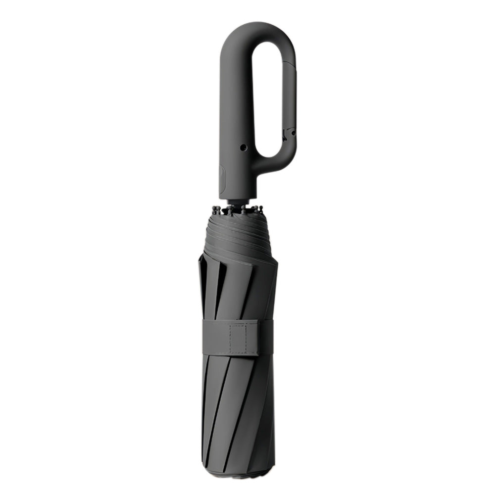Automatic 10-Rib Folding Umbrella with Carabiner Handle Windproof - Black