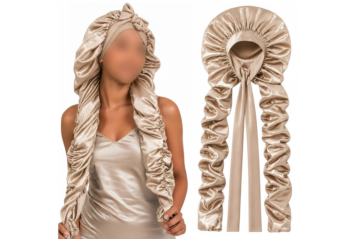 Double Layer Satin Sleep Cap for Long Hair Braids and Natural Hairstyles - Champagne