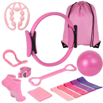 14Pcs Pilates Kit Pilates Equipment with Pilates Ring and Resistance Bands Socks-Pink