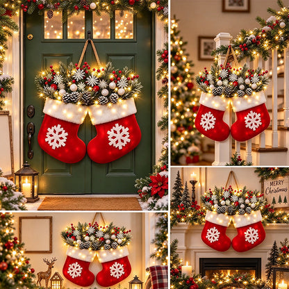 Christmas Wreath Sock Shape with Warm Light Door Hanging Decor