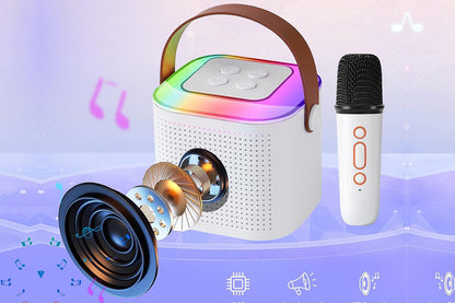 Bluetooth Mini Karaoke Machine Karaoke Speaker with 2 Wireless Microphones and Party Lights for Family Birthday Gifts -White
