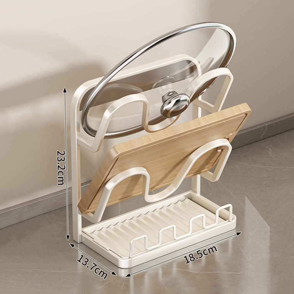 Pot Lid Storage Rack Carbon Steel Holder with Drip Tray Organizer-White