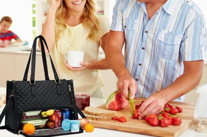 2-in-1 Tote Bag with Insulated Lunch Compartment and Wallet-Black