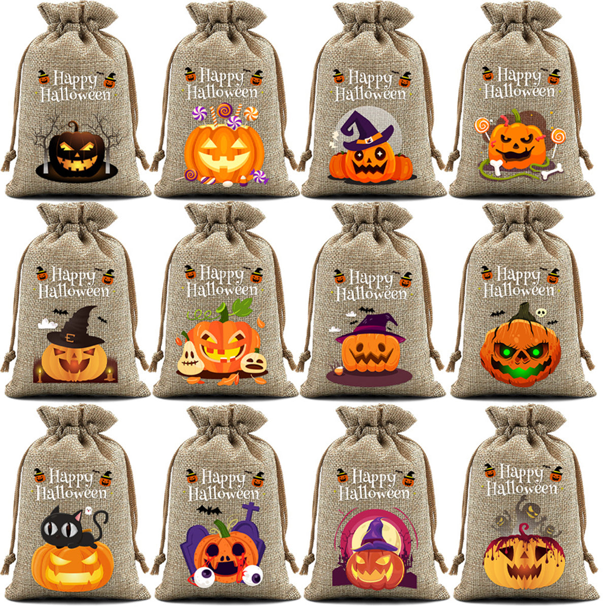 12 Pack Halloween Burlap Drawstring Gift Bags with Pumpkin Ghost Designs - Beige