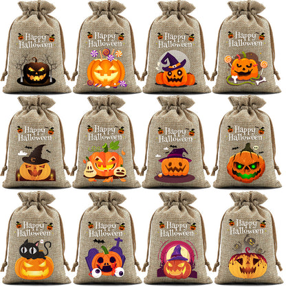 12 Pack Halloween Burlap Drawstring Gift Bags with Pumpkin Ghost Designs - Beige