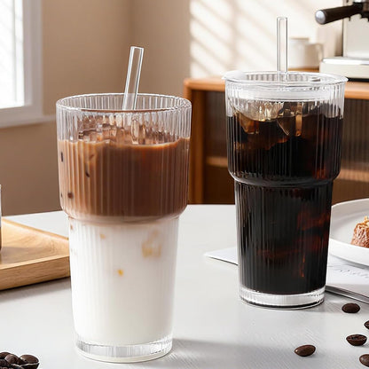 2Pcs Iced Coffee Cups with Lid Ribbed Glass Tumbler with Straw Leak Proof Reusable