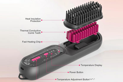 2-in-1 Ionic Hair Straightener Brush with Anti-Scald Ceramic Straightening Brush -Rose Red