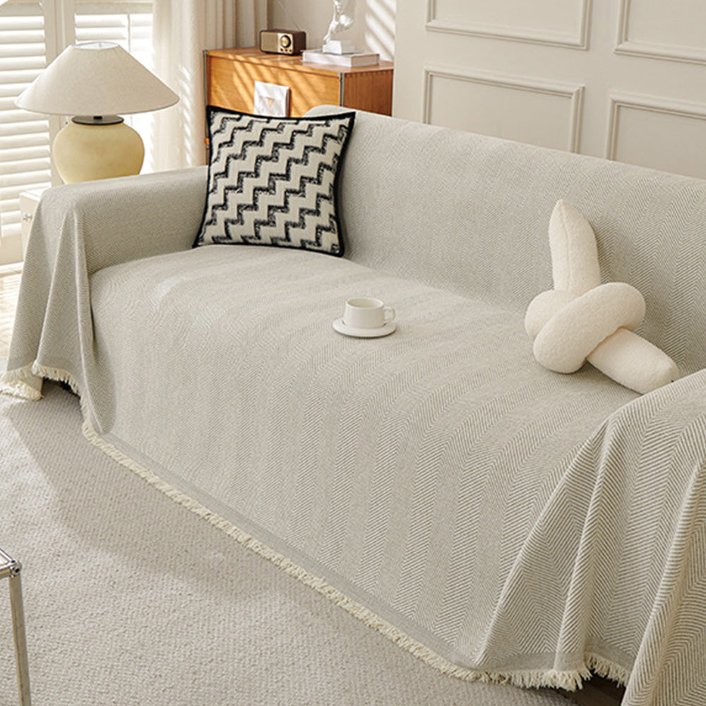 Herringbone Tassel Sofa Throw Cover Large Blanket for Couch Furniture Protector-Beige