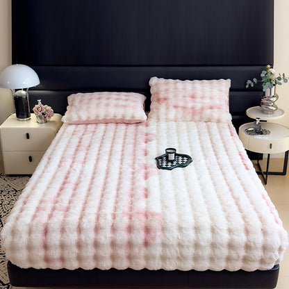 Plush Fitted Sheet with 2 Pillowcases Set Warm Mattress Cover Faux Fur Fitted Sheet Bedding Kit Pink