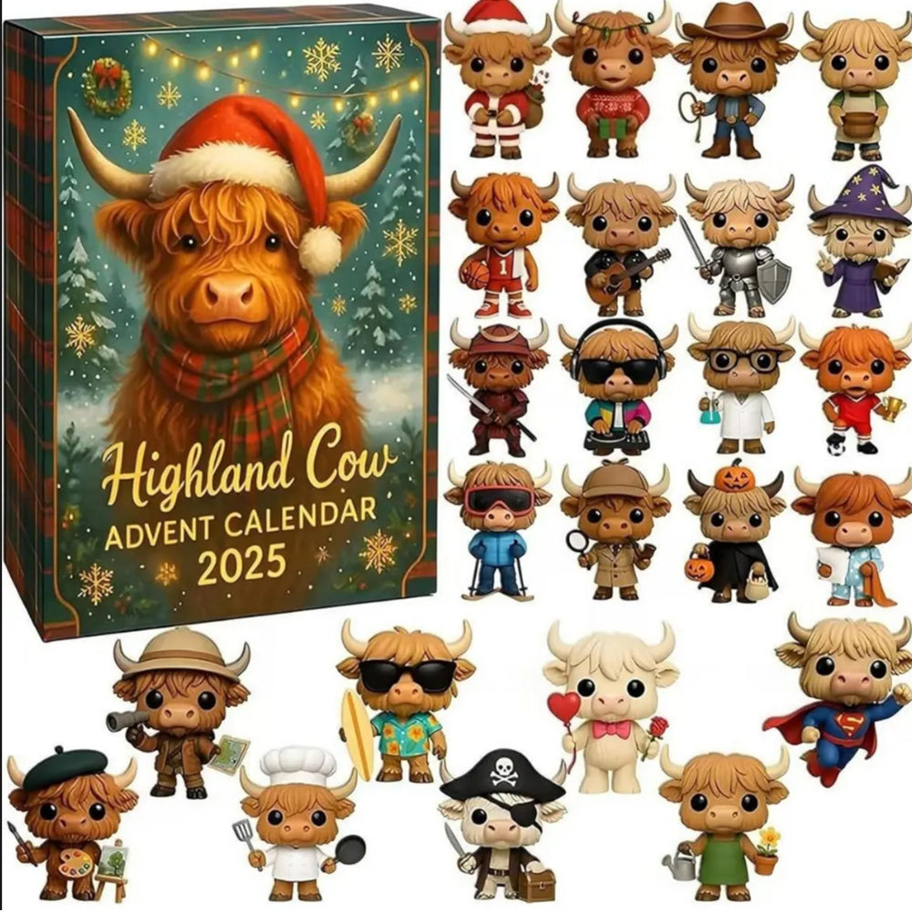 2D Highland Cow Advent Calendar 24-Day Christmas Countdown for Xmas Tree Style 2
