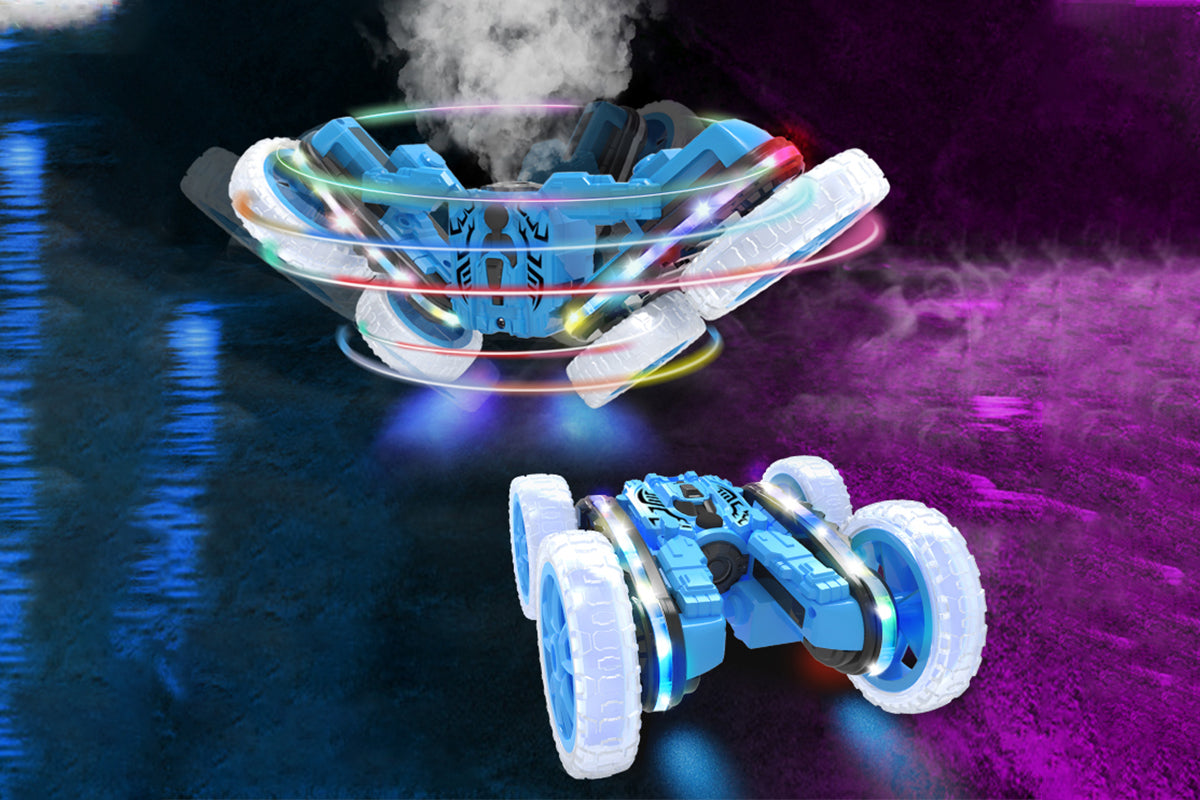 Remote Control Car 360 Degree Rotating RC Cars with Cool Spray 2.4Ghz Double Sided RC Stunt Car with Cool Lights-Blue