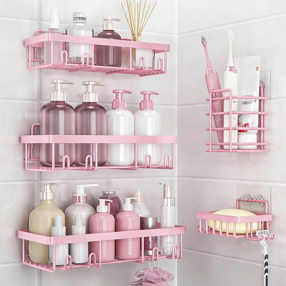 5Pcs Shower Caddy Adhesive Bathroom Wall Organizer Rack-Pink