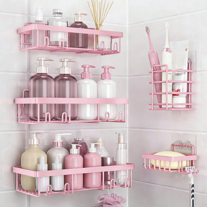 5Pcs Shower Caddy Adhesive Bathroom Wall Organizer Rack-Pink