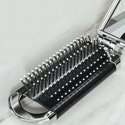 2Pcs Folding Hair Brush with Detachable Makeup Mirror Portable for Travel-Silver